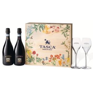 Spumante brut e rosé con 2 flute e cassetta di legno Tasca